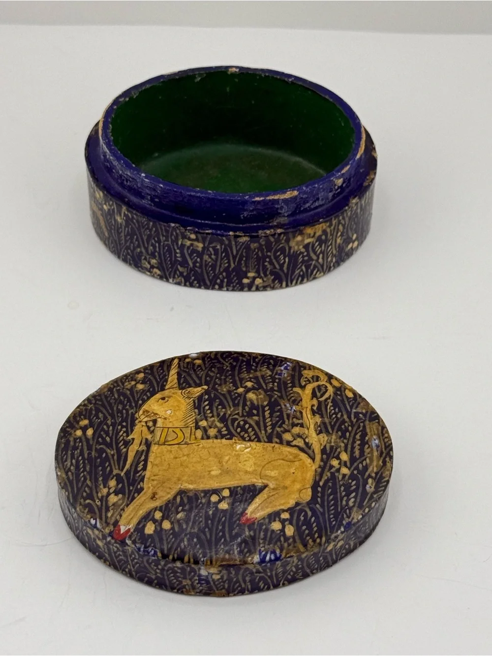 Vintage Kashmiri Hand-Painted Papier-Mâché Unicorn Trinket Box